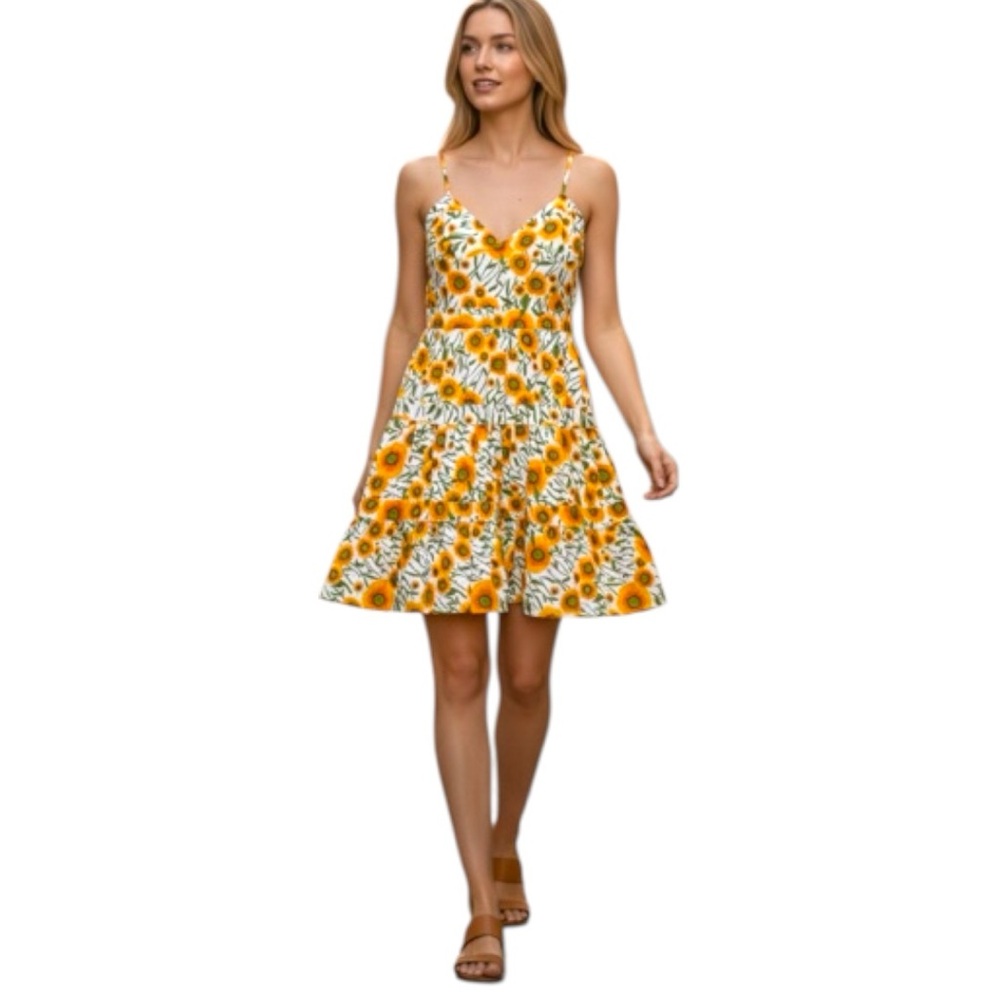 Isaac Mizrahi Sunflower Dress White Orange Floral 8 Sweetheart Neckline Ruffles